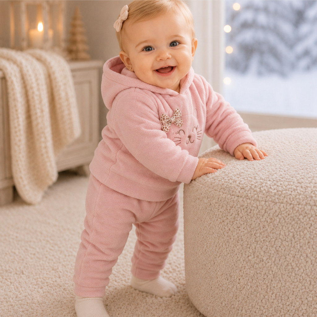 Conjunto Bebê Menina em Soft Bordado Capuz com Laço 2 Peças Casaco + Calça para Bebê Inverno