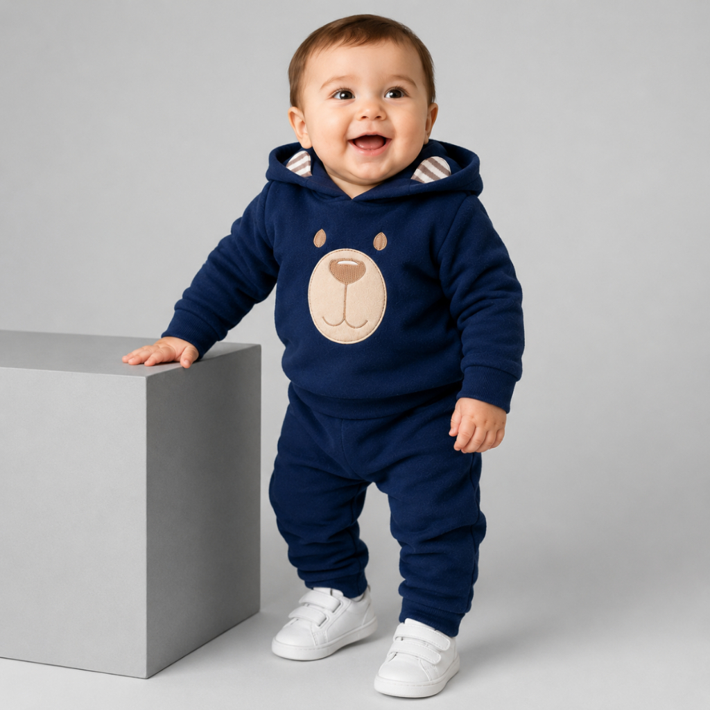 Conjunto Bebê Menino em Soft Bordado Capuz com Orelhinha 2 Peças Casaco + Calça para Bebês