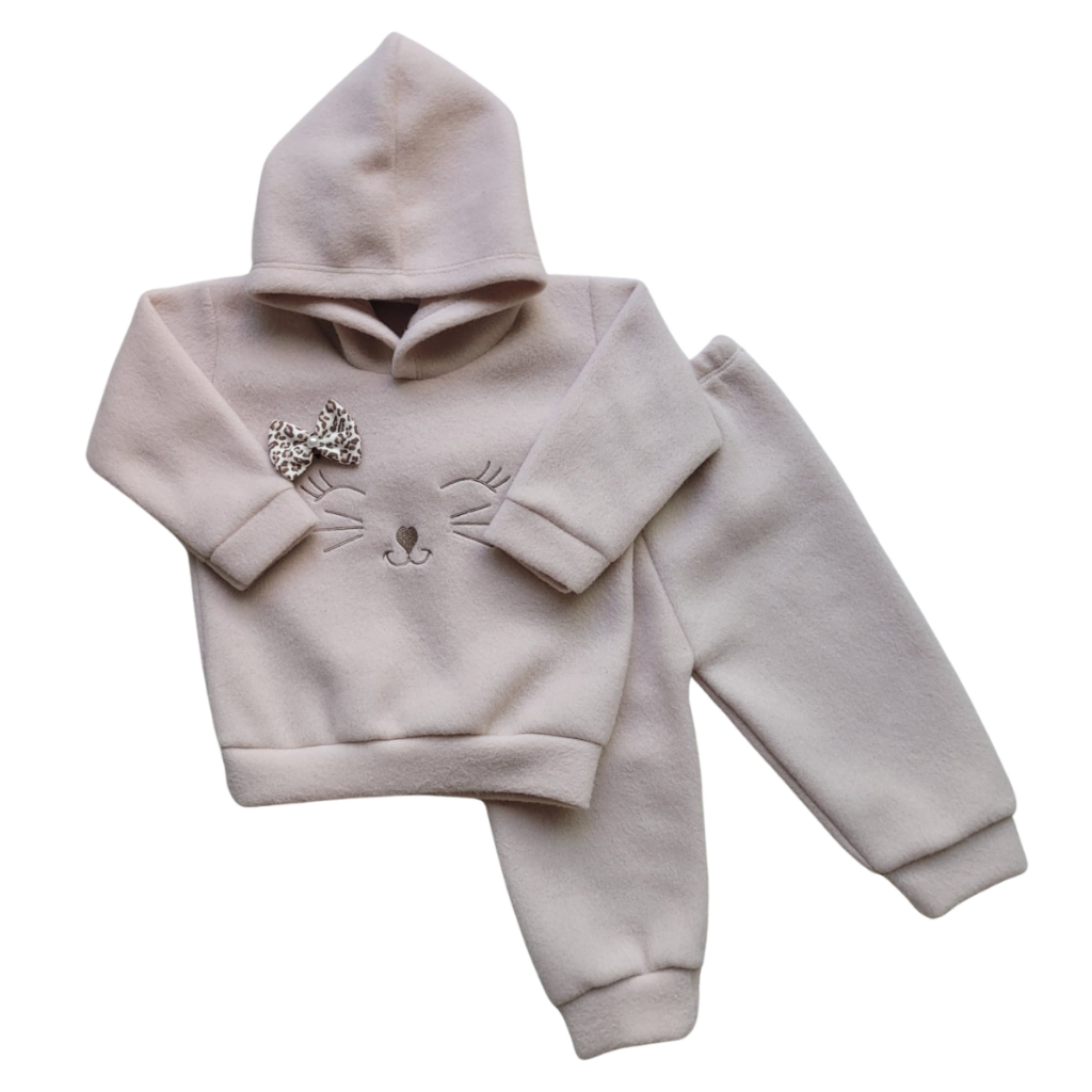 Conjunto Bebê Menina em Soft Bordado Capuz com Laço 2 Peças Casaco + Calça para Bebê Inverno