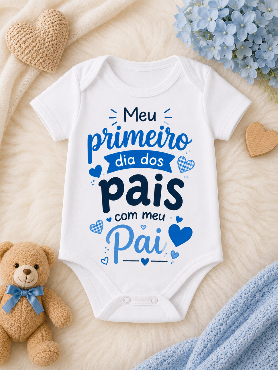 Body Bebê Meu Primeiro Dia dos Pais com Meu Pai Estampa Azul Manga Curta ou Longa Branco P M G