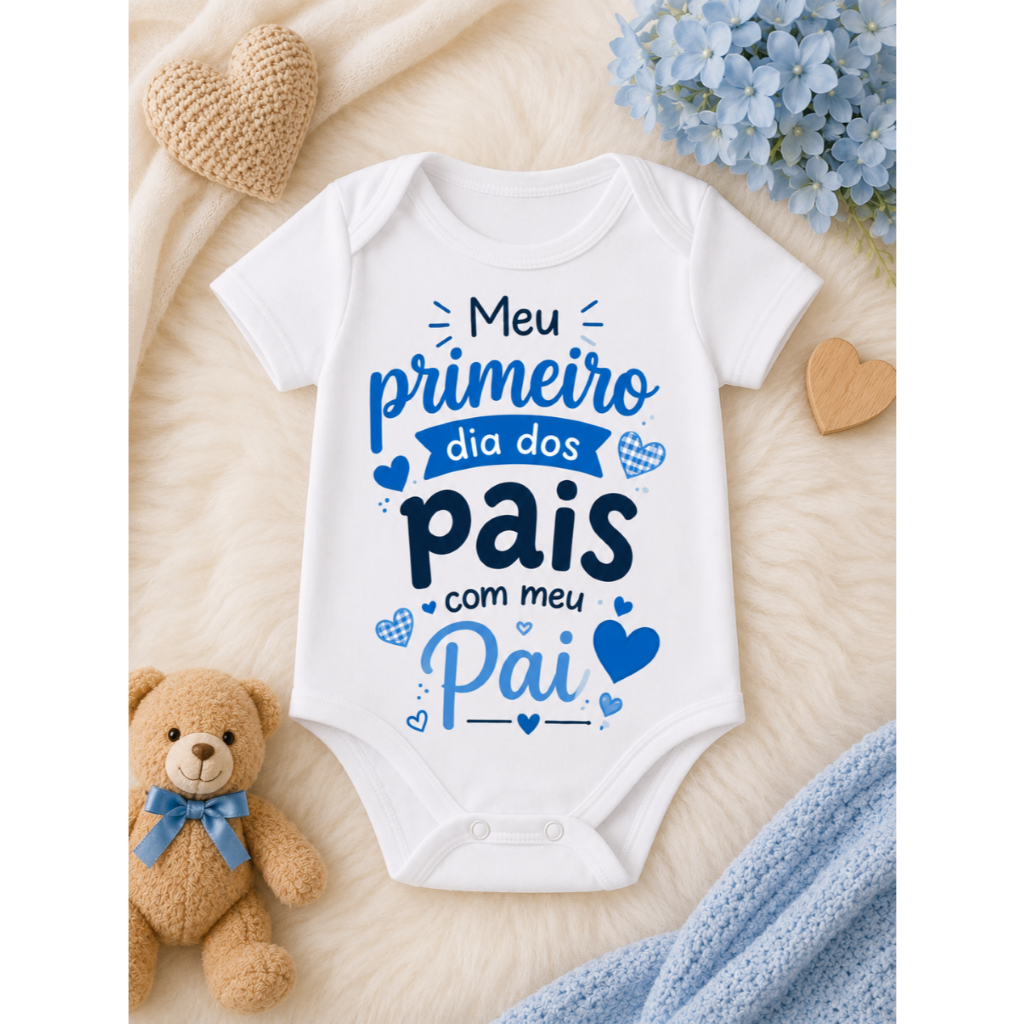 Body Bebê Meu Primeiro Dia dos Pais com Meu Pai Estampa Azul Manga Curta ou Longa Branco P M G