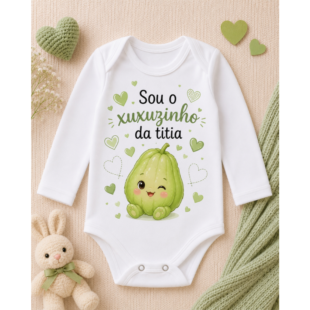 Body Bebê Menino Manga Longa 100% Algodão Estampado Sou o Xuxuzinho da Titia Roupa Infantil Presente