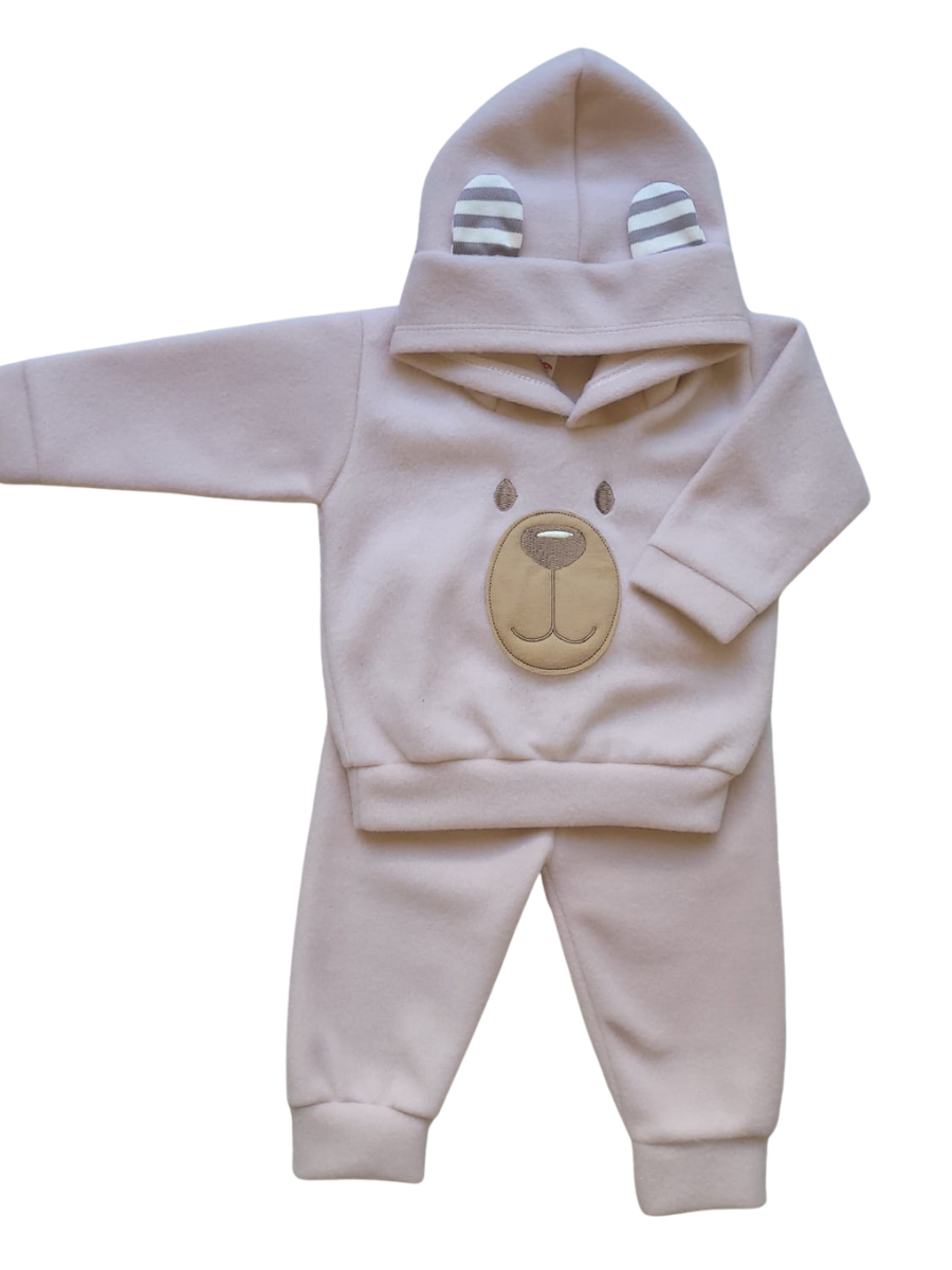 Conjunto Bebê Menino em Soft Bordado Capuz com Orelhinha 2 Peças Casaco + Calça para Bebês