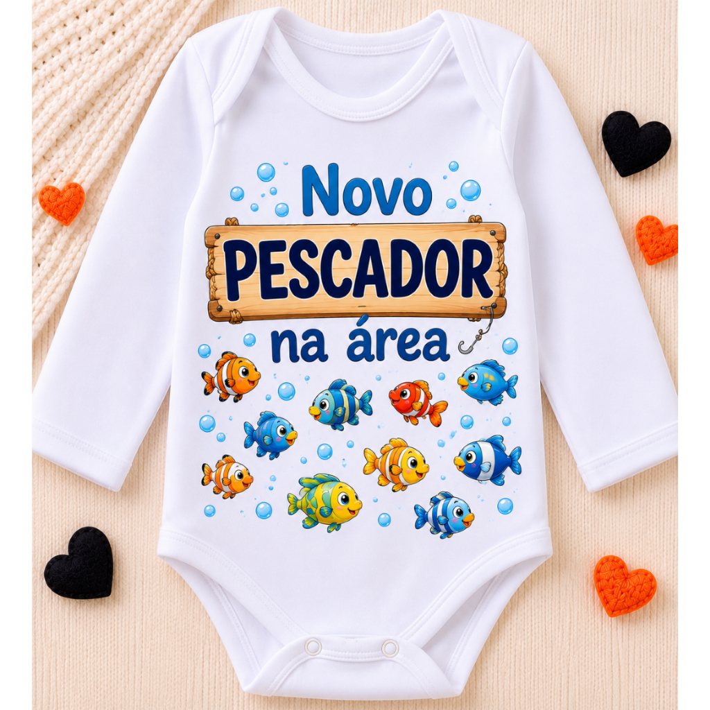 Body de Bebê Novo Pescador na Área 100% Algodão Manga Longa Roupinha Infantil Baby Modinha