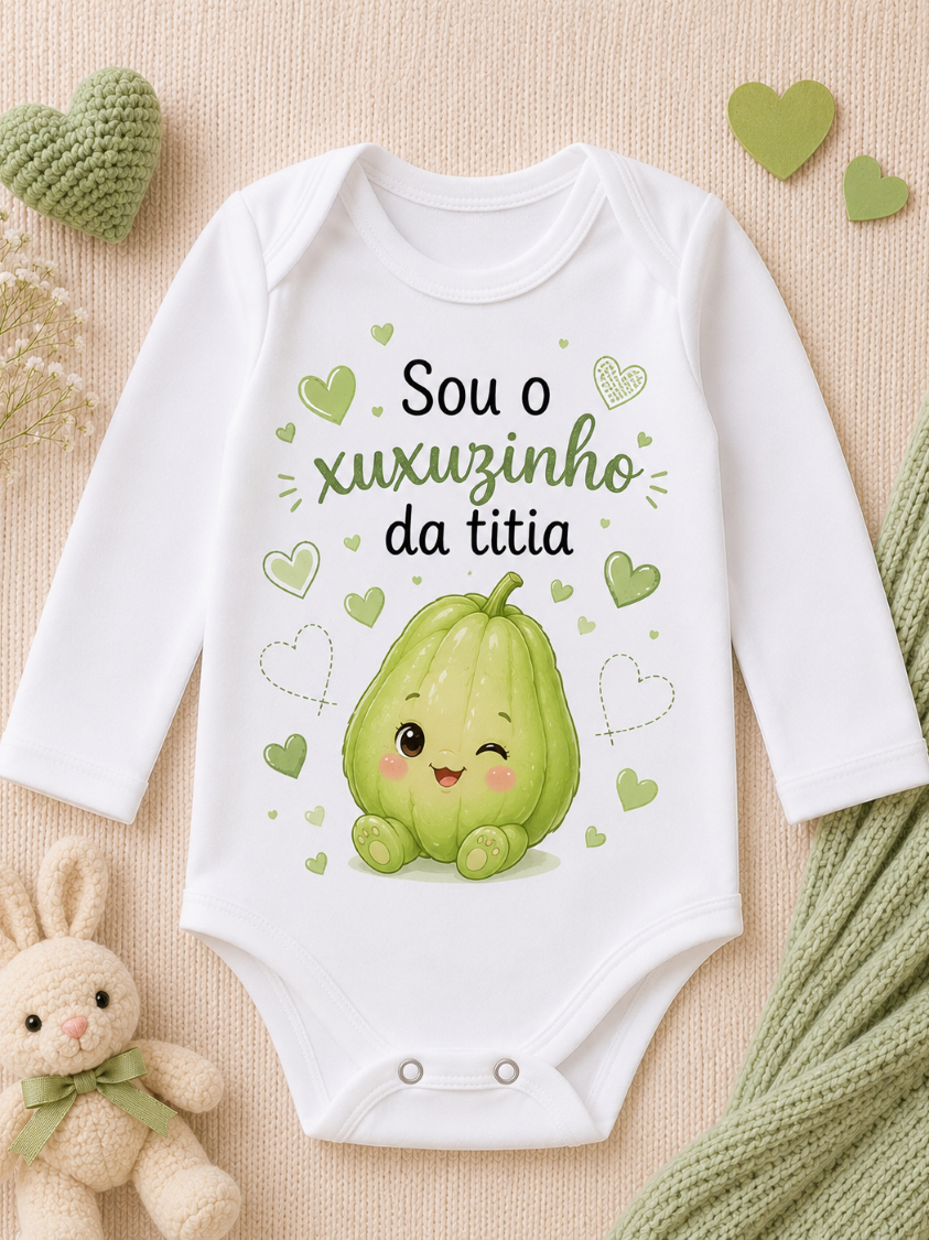 Body Bebê Menino Manga Longa 100% Algodão Estampado Sou o Xuxuzinho da Titia Roupa Infantil Presente