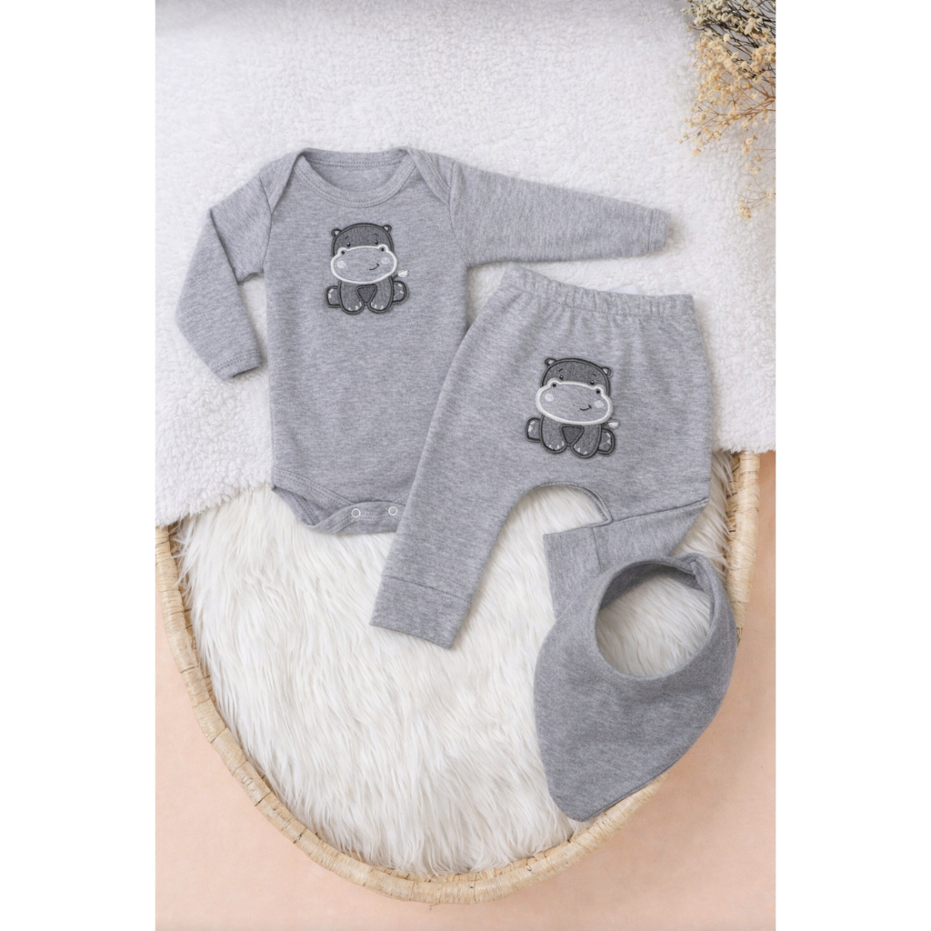 Conjunto 3 Peças Canelado com Bory calça Bordado e Babador Menina e Menino Moda Infantil