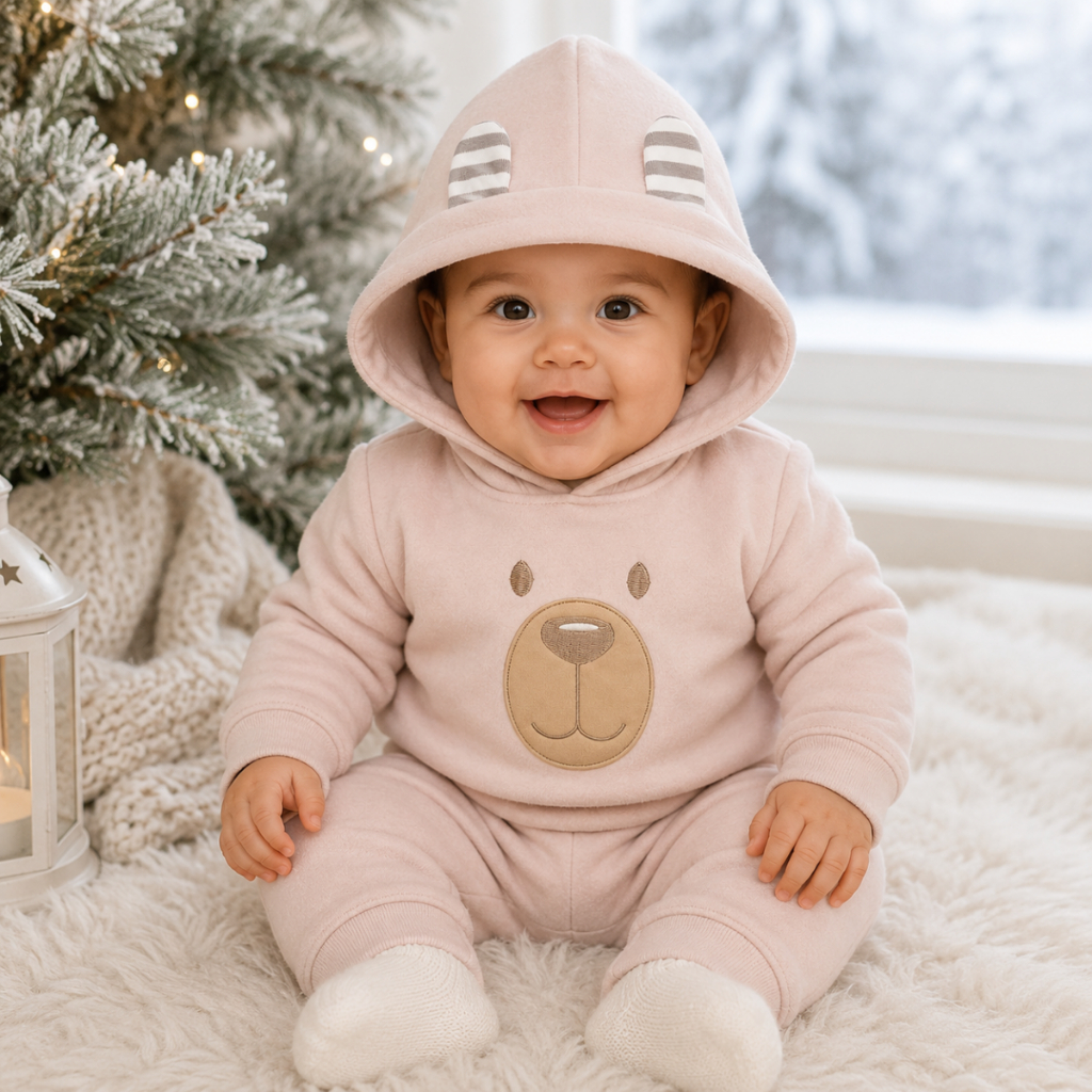 Conjunto Bebê Menino em Soft Bordado Capuz com Orelhinha 2 Peças Casaco + Calça para Bebês