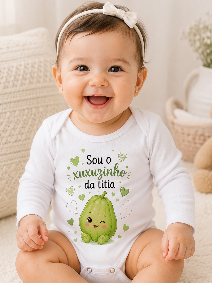 Body Bebê Menino Manga Longa 100% Algodão Estampado Sou o Xuxuzinho da Titia Roupa Infantil Presente