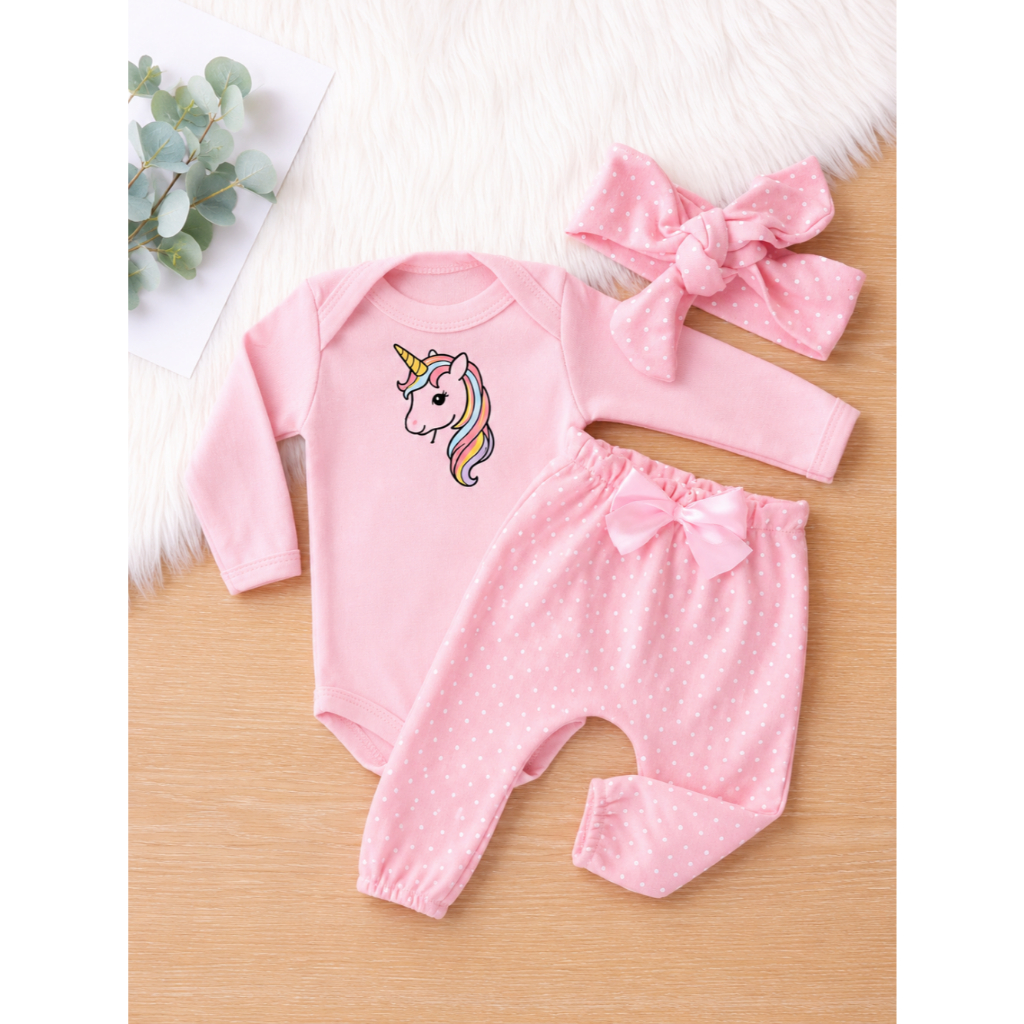 Conjunto Roupinha Roupa Bebe Menina Algodão laço de cabelo Modinha Inverno Frio Conjuntinho 3 pçs