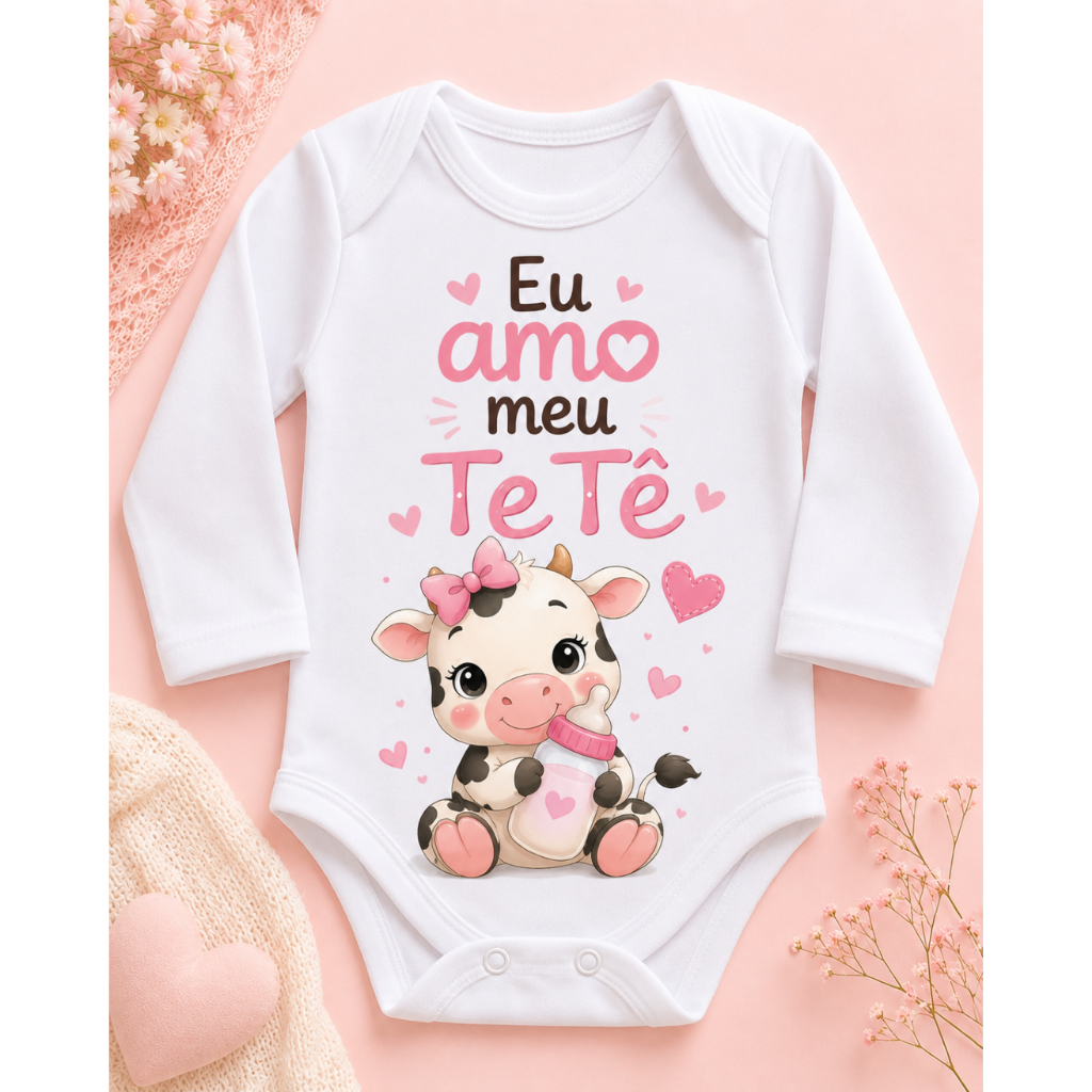 Body Bebê Menina Manga Longa Estampa Vaquinha Rosa roupa roupinha infantil festa temática Infantil