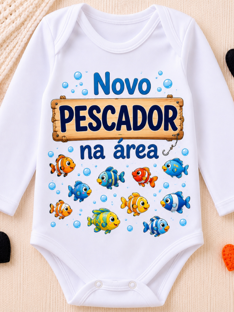 Body de Bebê Novo Pescador na Área 100% Algodão Manga Longa Roupinha Infantil Baby Modinha
