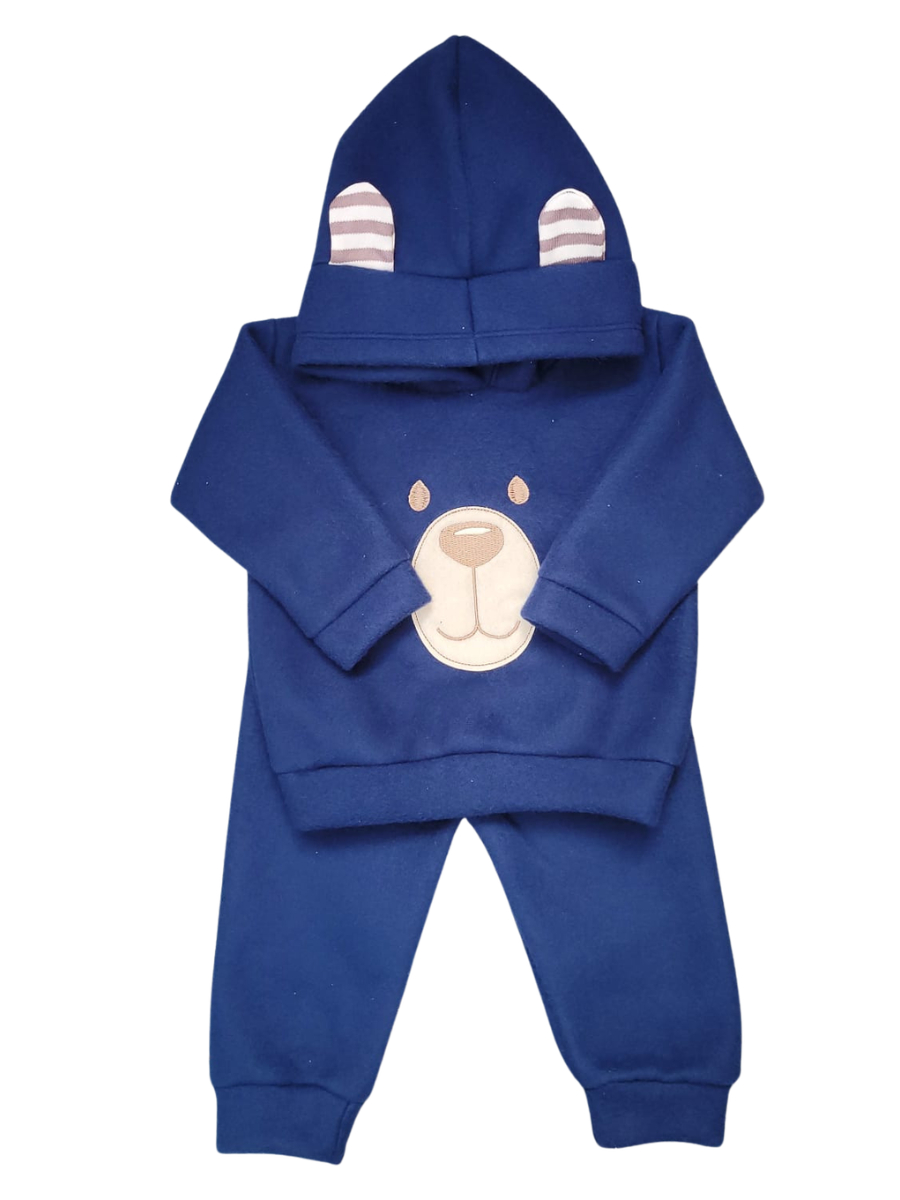 Conjunto Bebê Menino em Soft Bordado Capuz com Orelhinha 2 Peças Casaco + Calça para Bebês