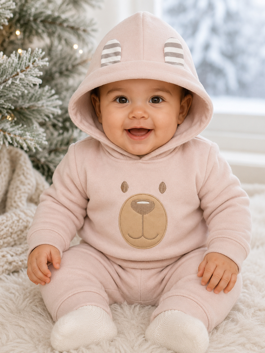 Conjunto Bebê Menino em Soft Bordado Capuz com Orelhinha 2 Peças Casaco + Calça para Bebês