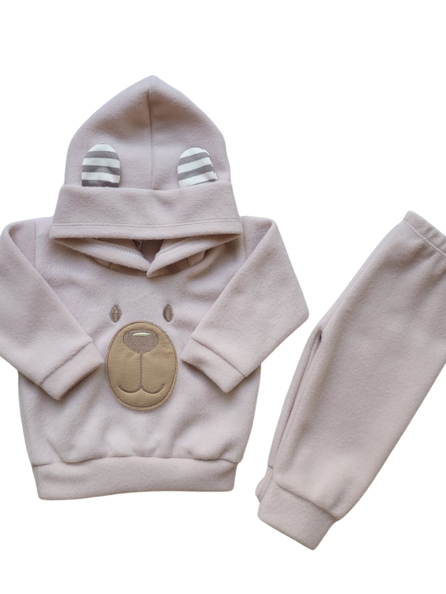 Conjunto Bebê Menino em Soft Bordado Capuz com Orelhinha 2 Peças Casaco + Calça para Bebês