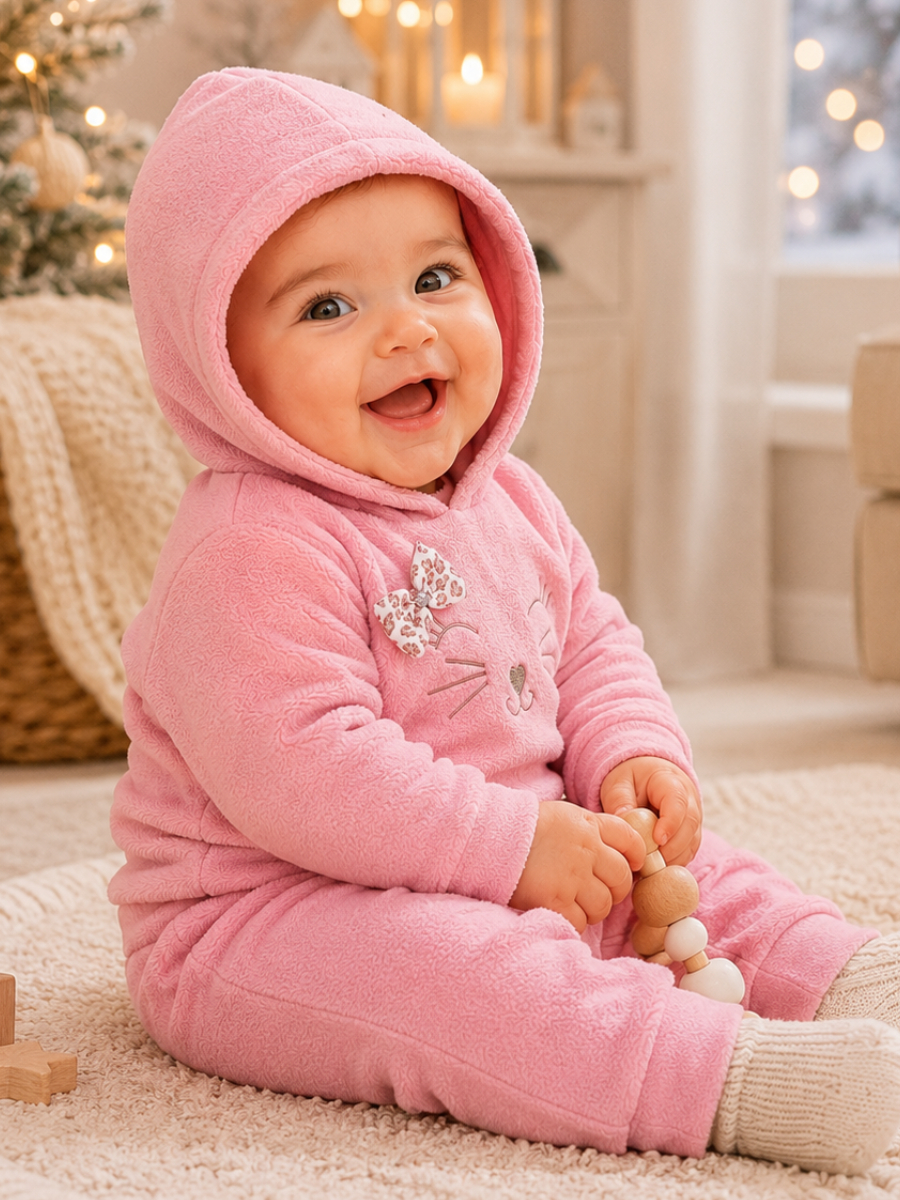 Conjunto Bebê Menina em Soft Bordado Capuz com Laço 2 Peças Casaco + Calça para Bebê Inverno