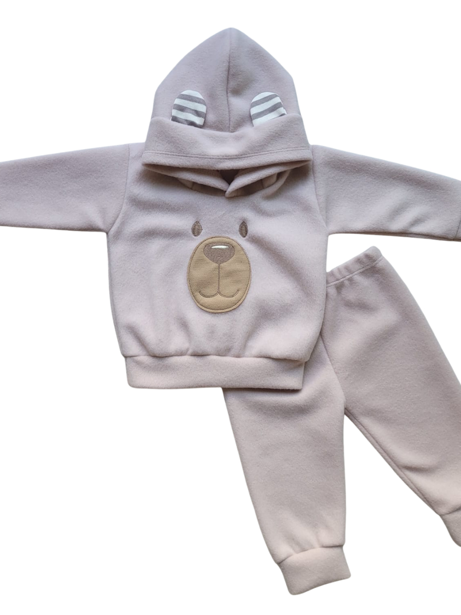 Conjunto Bebê Menino em Soft Bordado Capuz com Orelhinha 2 Peças Casaco + Calça para Bebês