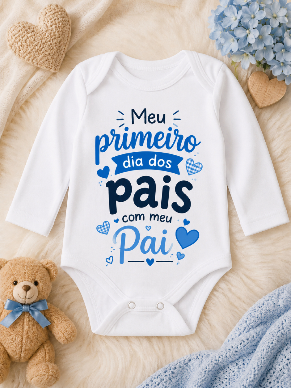 Body Bebê Meu Primeiro Dia dos Pais com Meu Pai Estampa Azul Manga Curta ou Longa Branco P M G