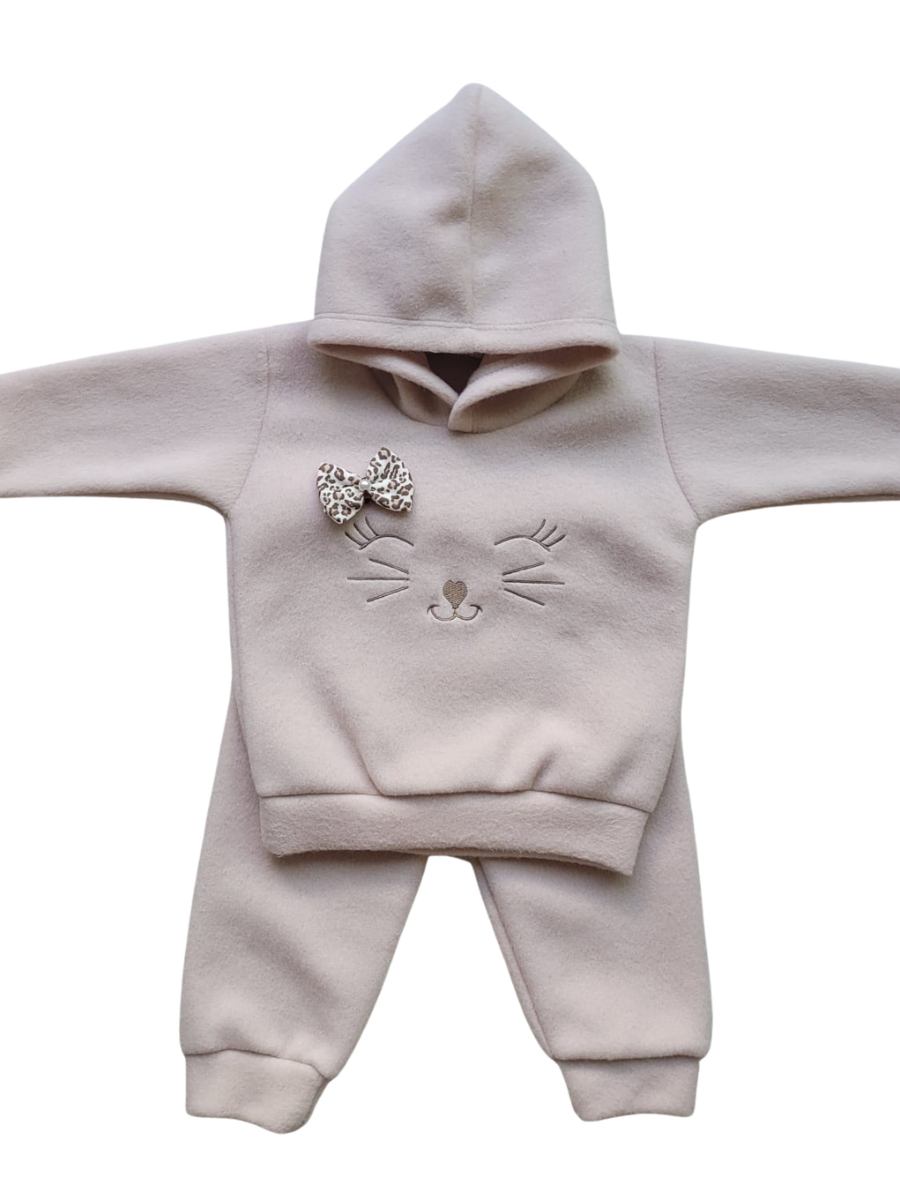 Conjunto Bebê Menina em Soft Bordado Capuz com Laço 2 Peças Casaco + Calça para Bebê Inverno