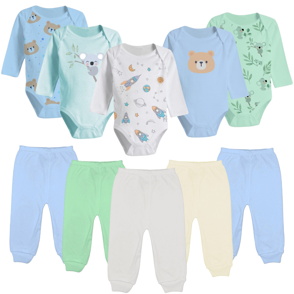 Kit 10 Peças Roupinhas de Bebê Body Longo Liso ou Estampado e Mijão