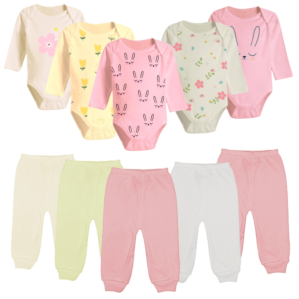 Kit 10 Peças Roupinhas de Bebê Body Longo Liso ou Estampado e Mijão