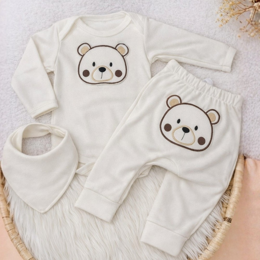Conjunto 3 Peças Canelado com Bory calça Bordado e Babador Menina e Menino Moda Infantil